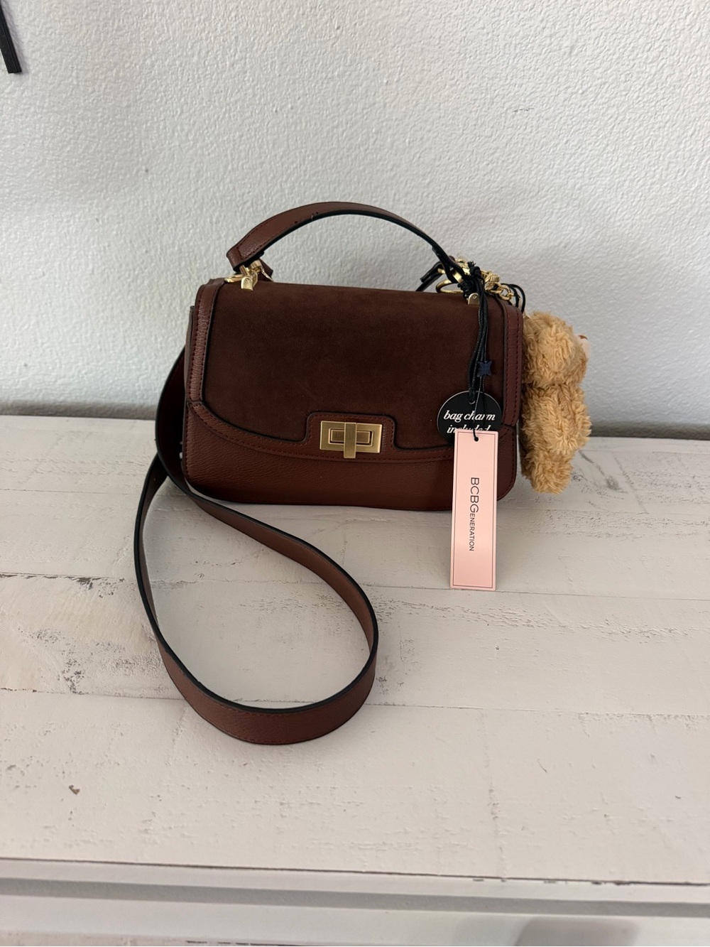 BCBGeneration Chocolate Brown Teddy Bear Charm Top Handle Crossbody Bag - Picture 3 of 14